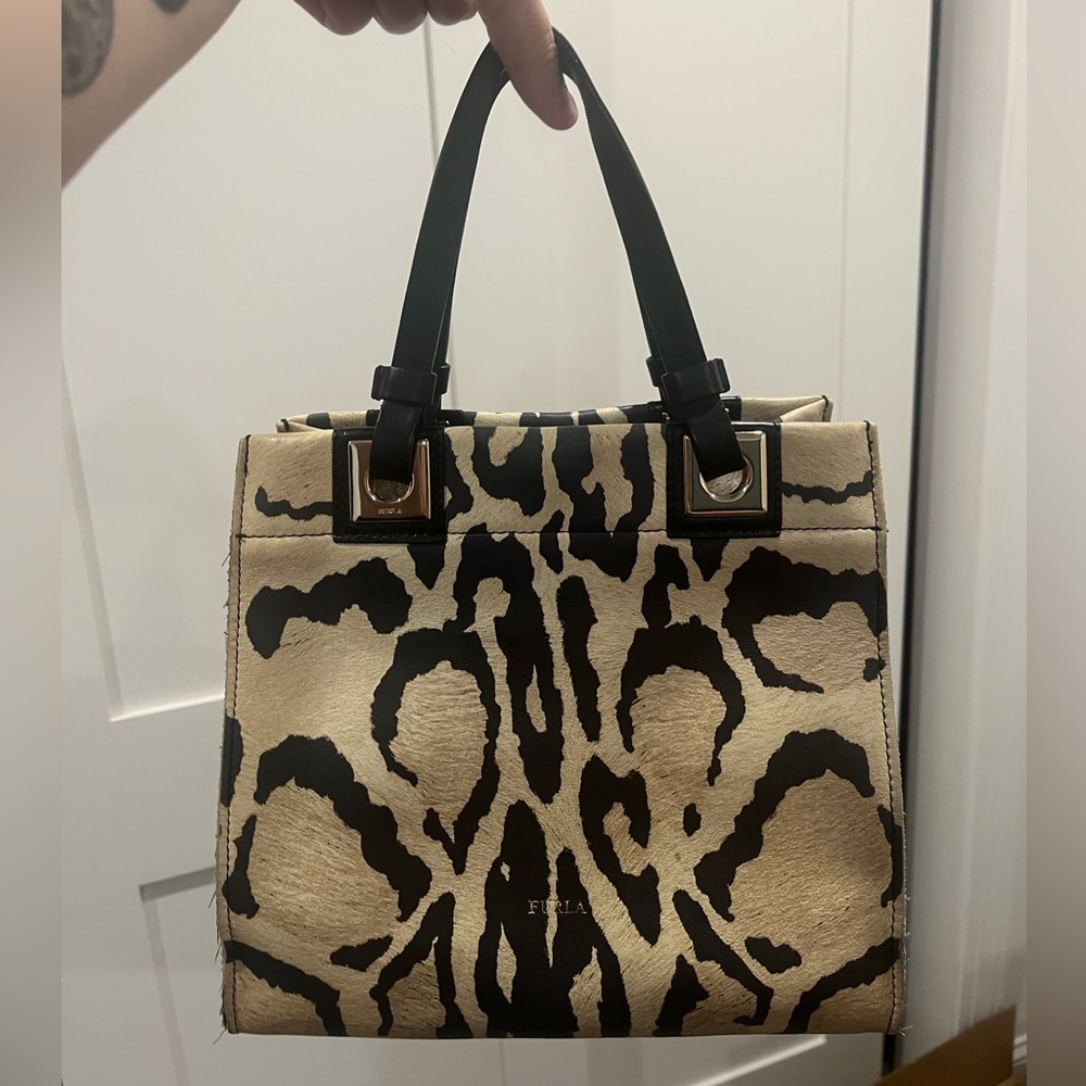 Furla Leopard Print Tote Bag - Black and Tan. Peeling inside***READ